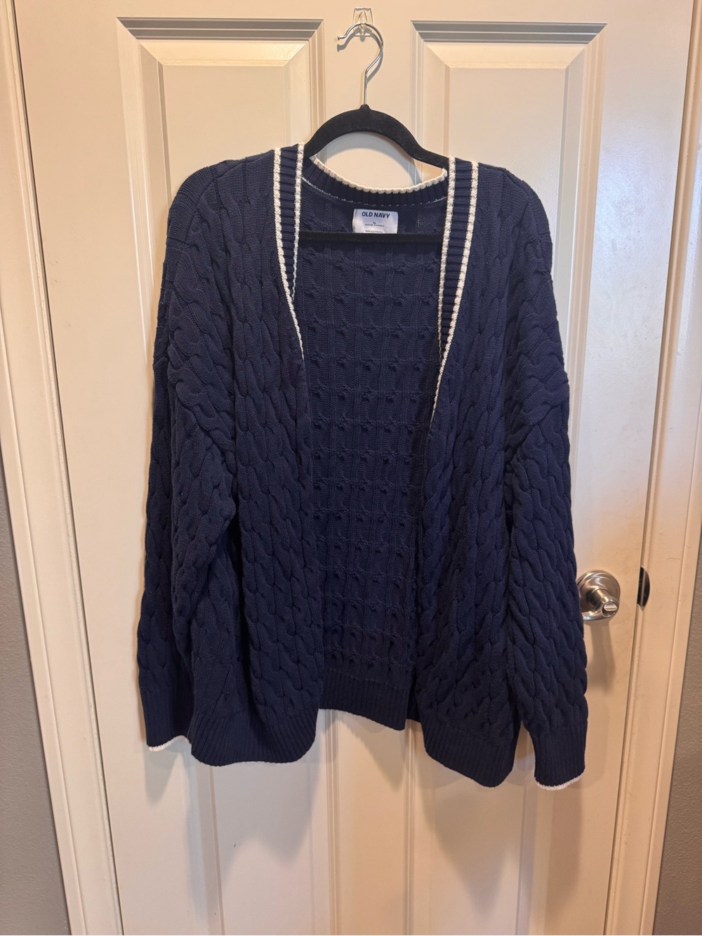 Old Navy Navy Cable-Knit Open Cardigan with White Trim